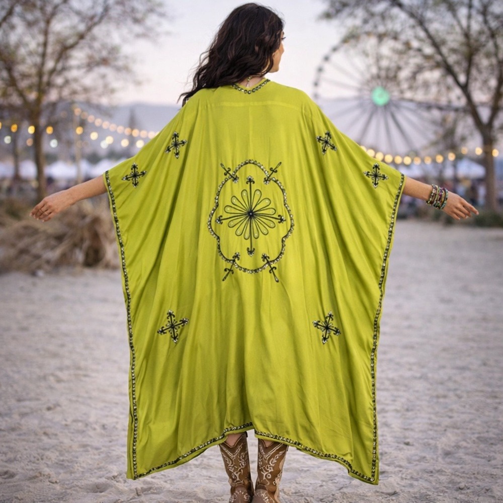 Boho Lime Green Embroidered Sequin Kimono Cardigan Festival Open Front OS - Picture 2 of 10